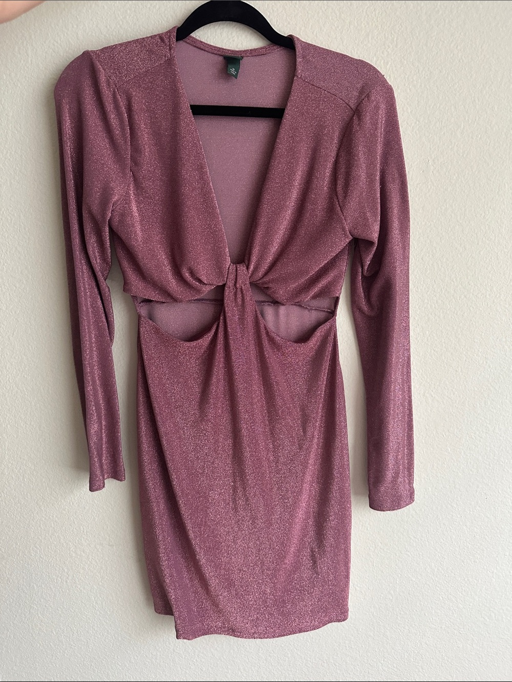Rose Metallic Twist-Front Long Sleeve Mini Dress